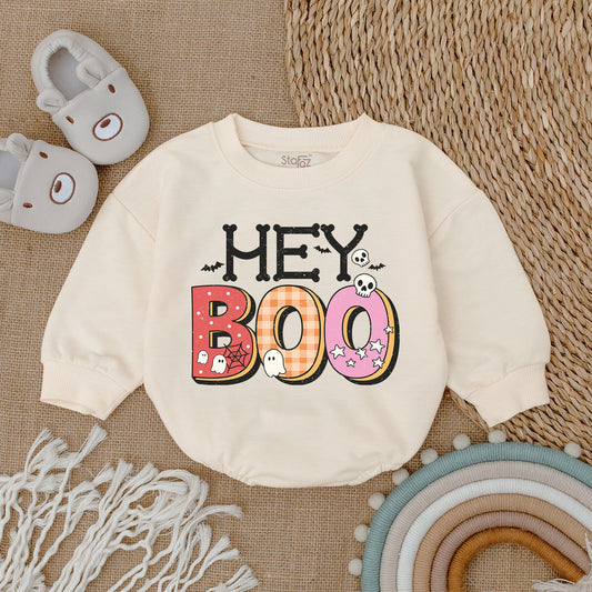 Hey Boo Retro Ghost Baby Bodysuit for Halloween Spooky Bats Skulls Spiderweb Design with Patterned Boo Text Polka Dots Plaid Stars Cute Infant Romper First Halloween Outfit