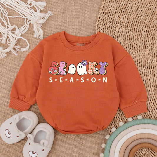 Cute Spooky Season Baby Bodysuit - Retro Halloween Romper with Ghosts, Skulls & Stars - First Halloween Outfit, Fall Baby Clothes, Soft Infant Clothing