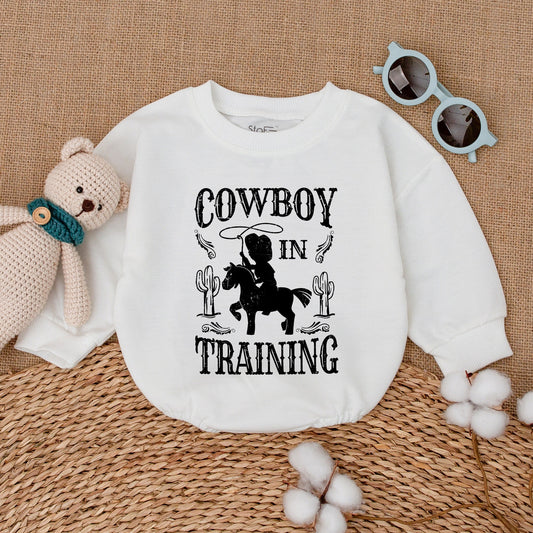 Little Cowboy in Training Baby Romper, Rustic Western Bodysuit, Boho Country Newborn Outfit, Distressed Vintage Cowboy Gift Bubble Romper 137