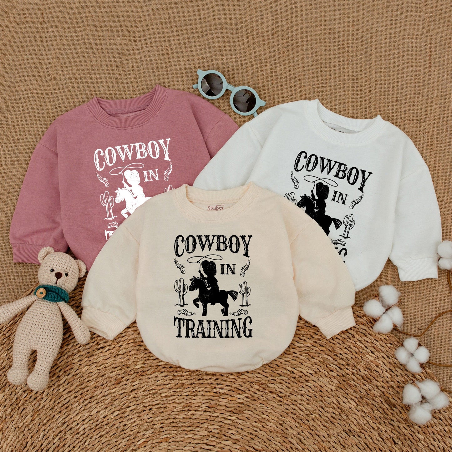 Little Cowboy in Training Baby Romper, Rustic Western Bodysuit, Boho Country Newborn Outfit, Distressed Vintage Cowboy Gift Bubble Romper 137