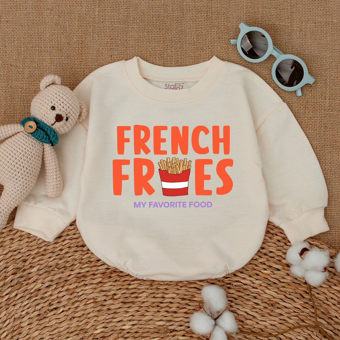 French Fries Baby Romper: Funny Unisex Bodysuit with Orange Food Design, My Favorite Food Quote, New Baby Gift, Bubble Romper