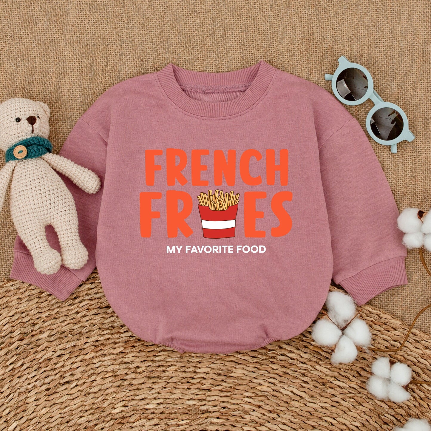 French Fries Baby Romper: Funny Unisex Bodysuit with Orange Food Design, My Favorite Food Quote, New Baby Gift, Bubble Romper