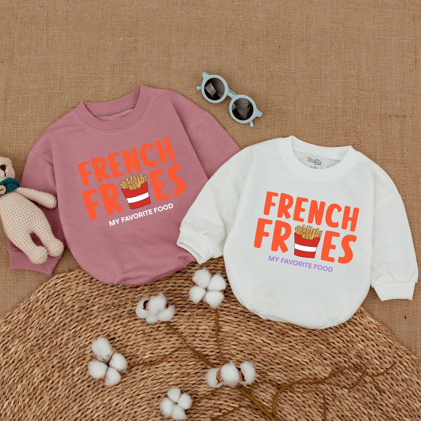 French Fries Baby Romper: Funny Unisex Bodysuit with Orange Food Design, My Favorite Food Quote, New Baby Gift, Bubble Romper
