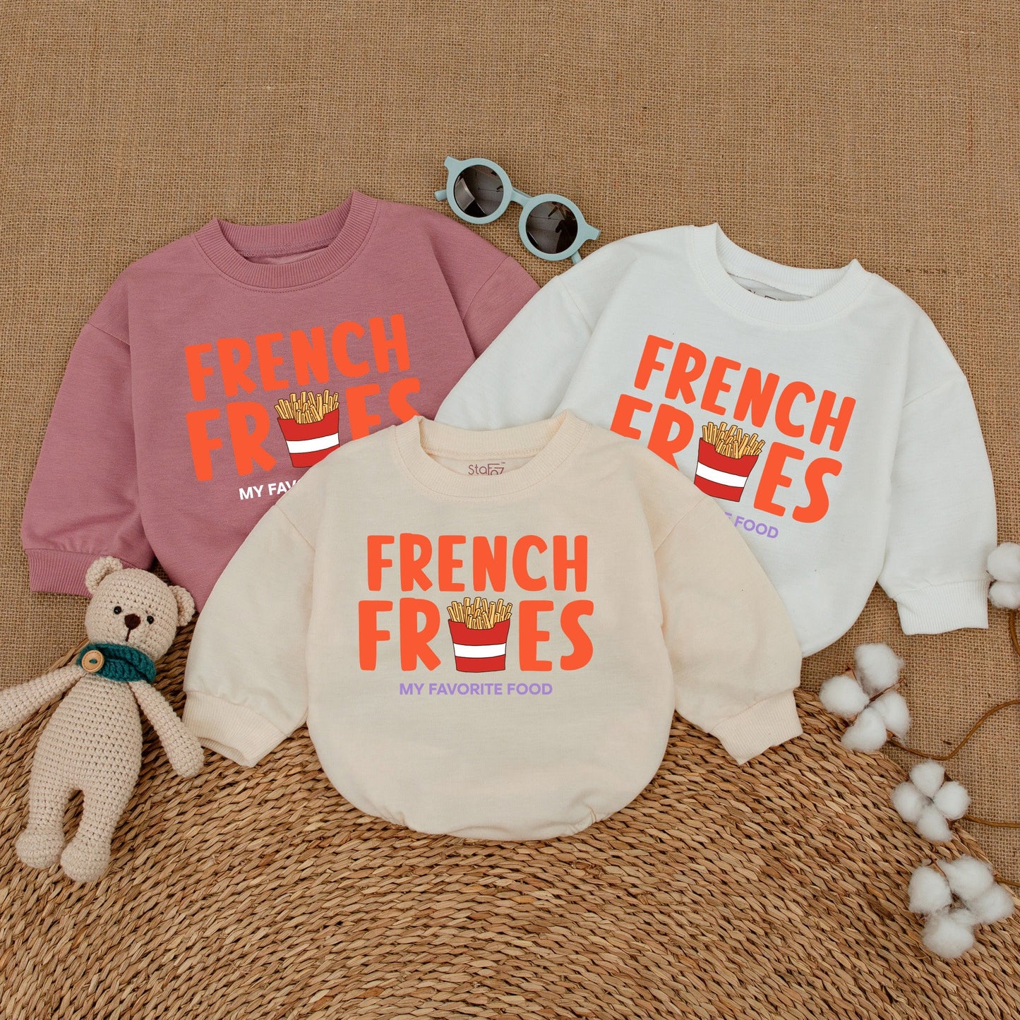 French Fries Baby Romper: Funny Unisex Bodysuit with Orange Food Design, My Favorite Food Quote, New Baby Gift, Bubble Romper