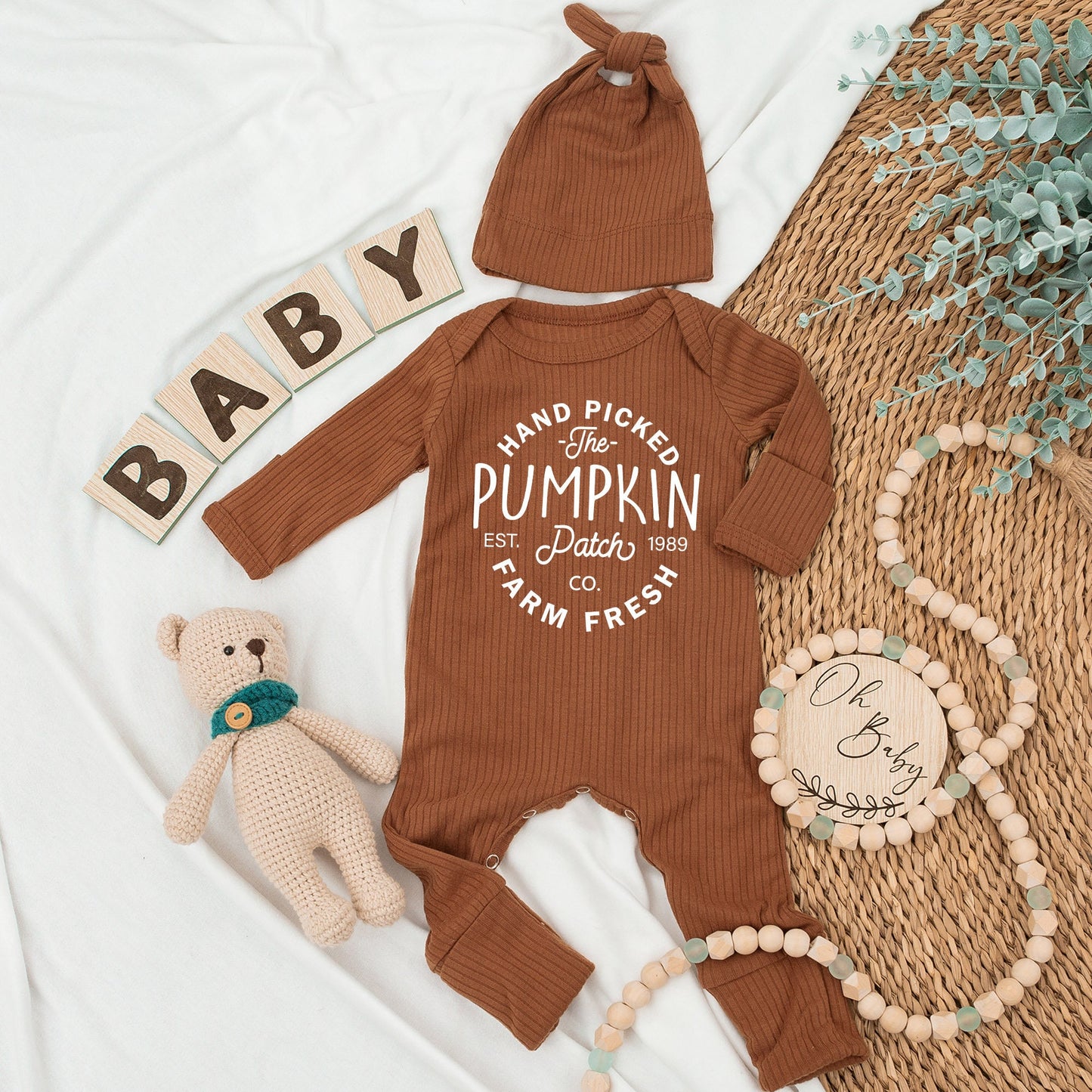 Farm Fresh Pumpkins Baby Bodysuit and Hat Set Adorable Fall Newborn Gift for Baby Shower Pregnancy Announcement and Coming Home Outfits