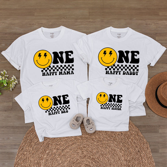 James/Lyla is ONE Happy Dude Birthday Bodysuit Yellow Smiley Face Lightning Eyes Checkerboard Retro Vintage Baby Clothes First Birthday Gift