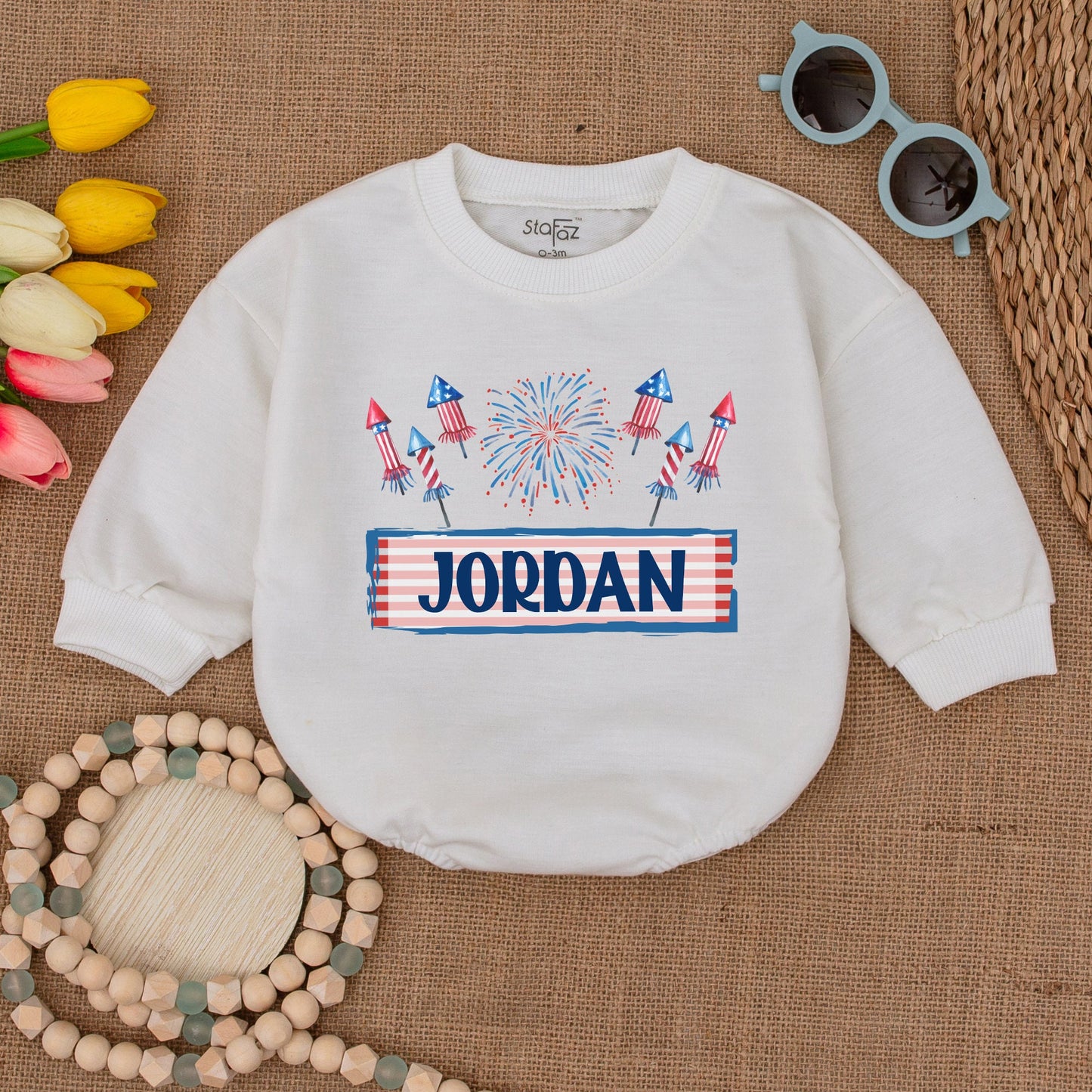 Custom American Firework Romper Personalized Name Patriotic Fourth of July Bodysuit Newborn Bubble Outfit
