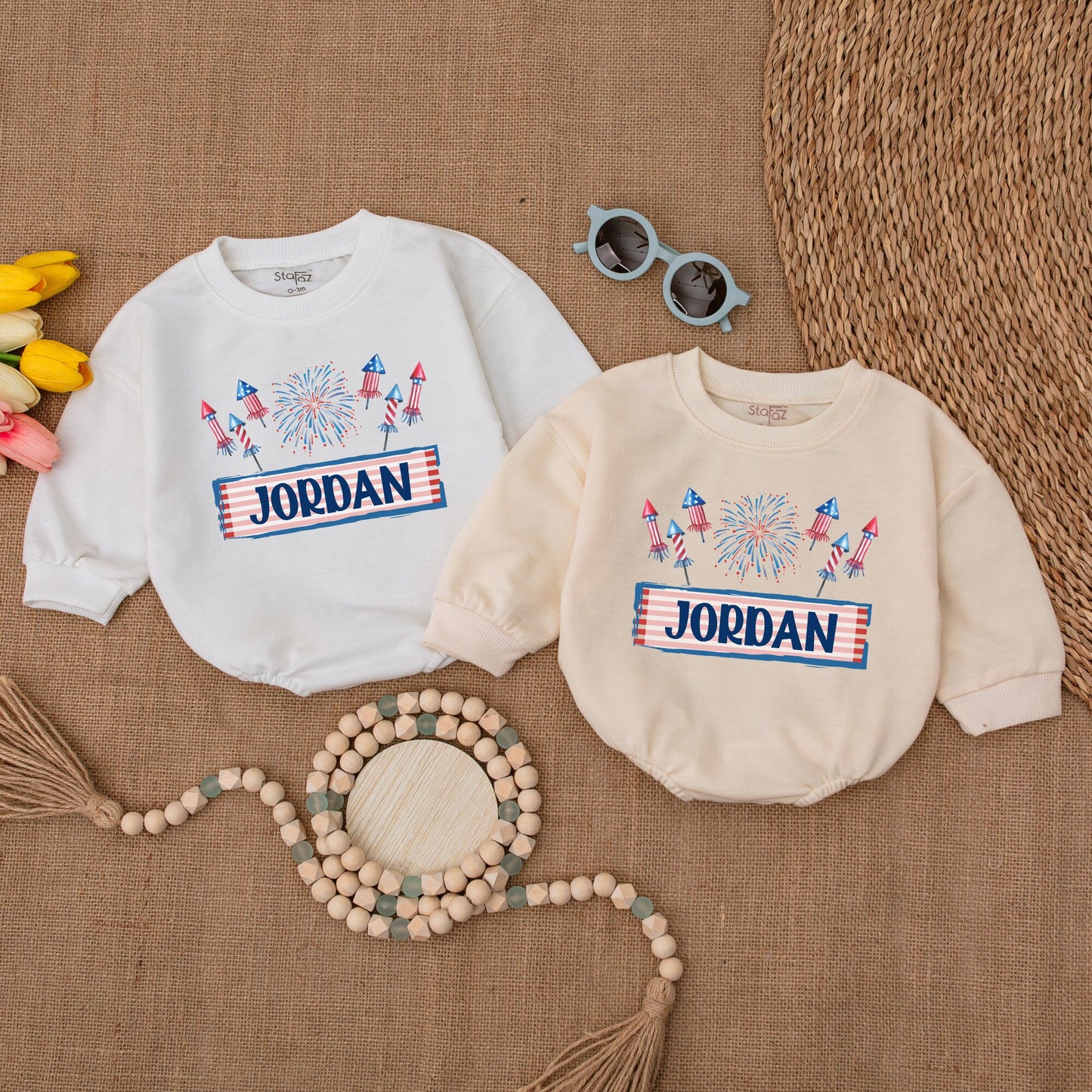 Custom American Firework Romper Personalized Name Patriotic Fourth of July Bodysuit Newborn Bubble Outfit