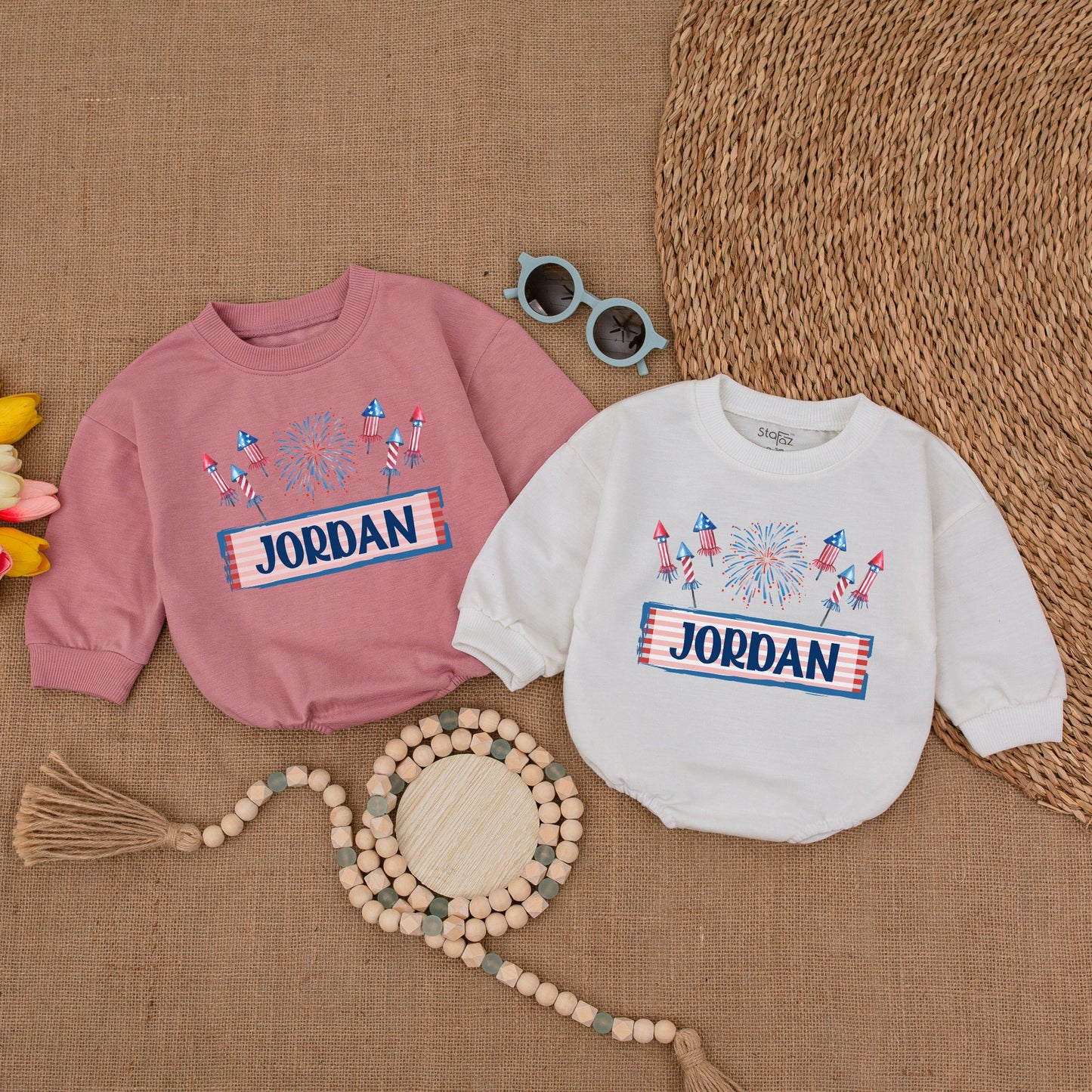 Custom American Firework Romper Personalized Name Patriotic Fourth of July Bodysuit Newborn Bubble Outfit