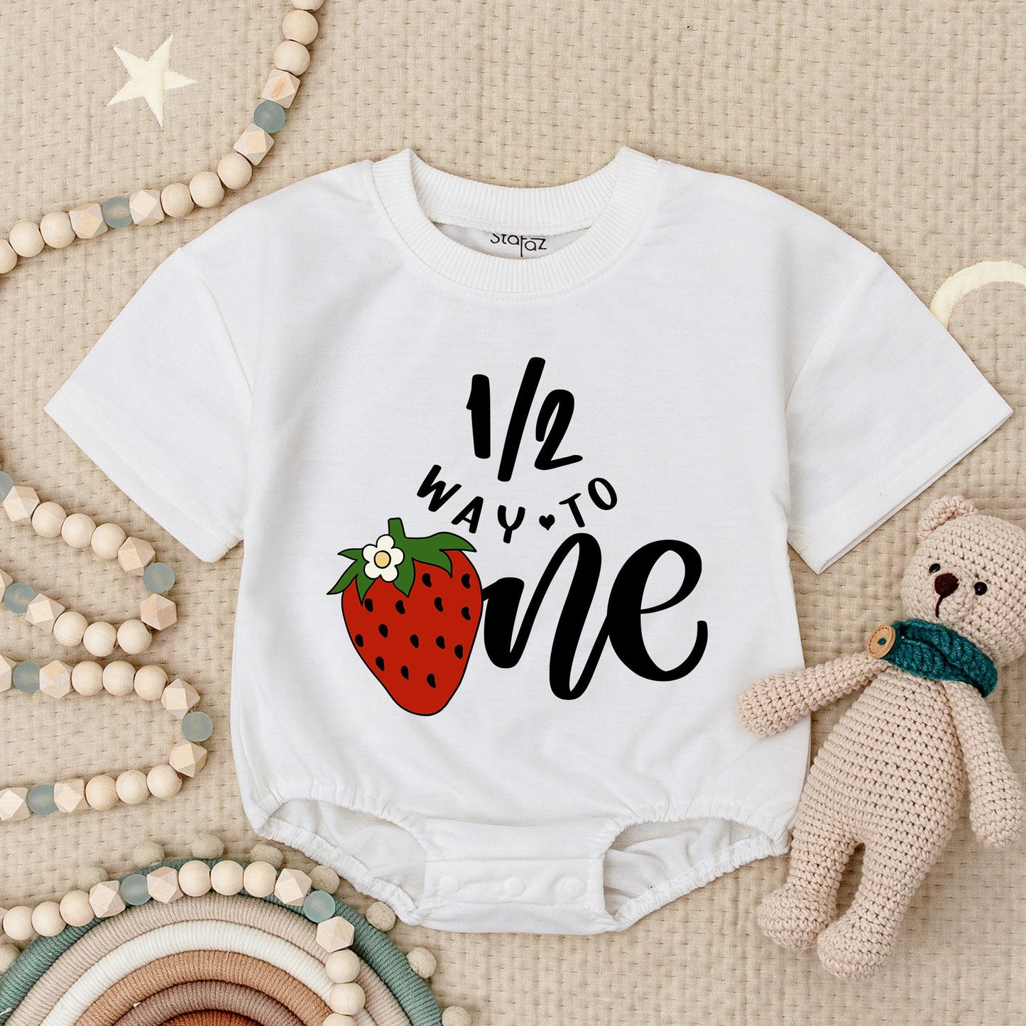 Strawberry Half Birthday Romper Baby Girl, 1/2 Way to One Outfit, Berry Sweet First Birthday Bodysuit, Cute Summer Celebration Clothing 12M