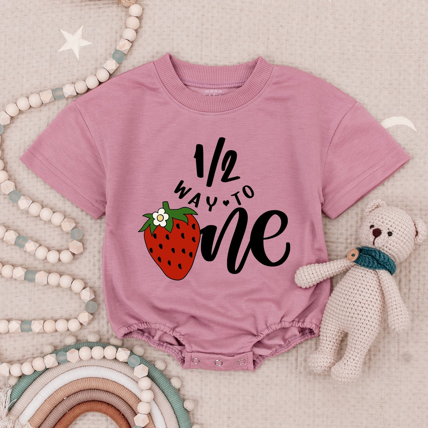 Strawberry Half Birthday Romper Baby Girl, 1/2 Way to One Outfit, Berry Sweet First Birthday Bodysuit, Cute Summer Celebration Clothing 12M
