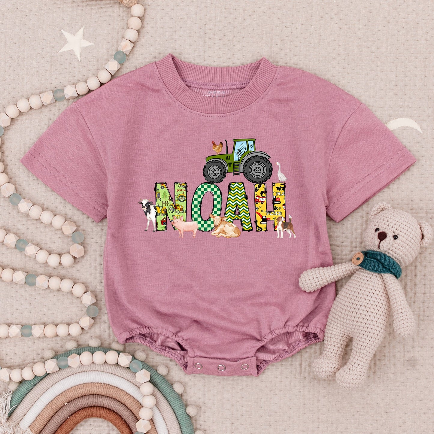 Personalized Tractor Name Baby Boy Birthday Bubble Romper Bodysuit