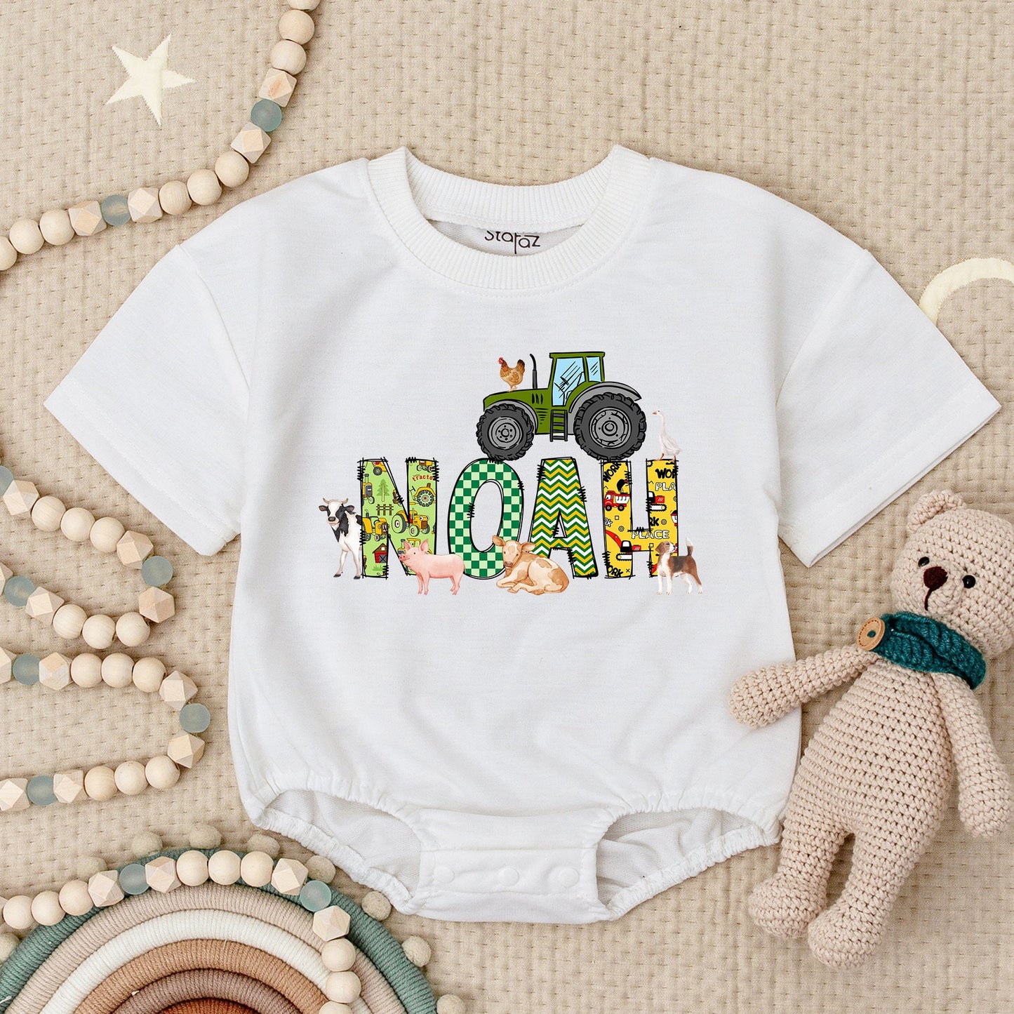 Personalized Tractor Name Baby Boy Birthday Bubble Romper Bodysuit