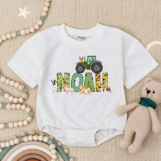 Personalized Noah Tractor Romper Baby Boy Farm Birthday Outfit Short Sleeve Bubble Bodysuit