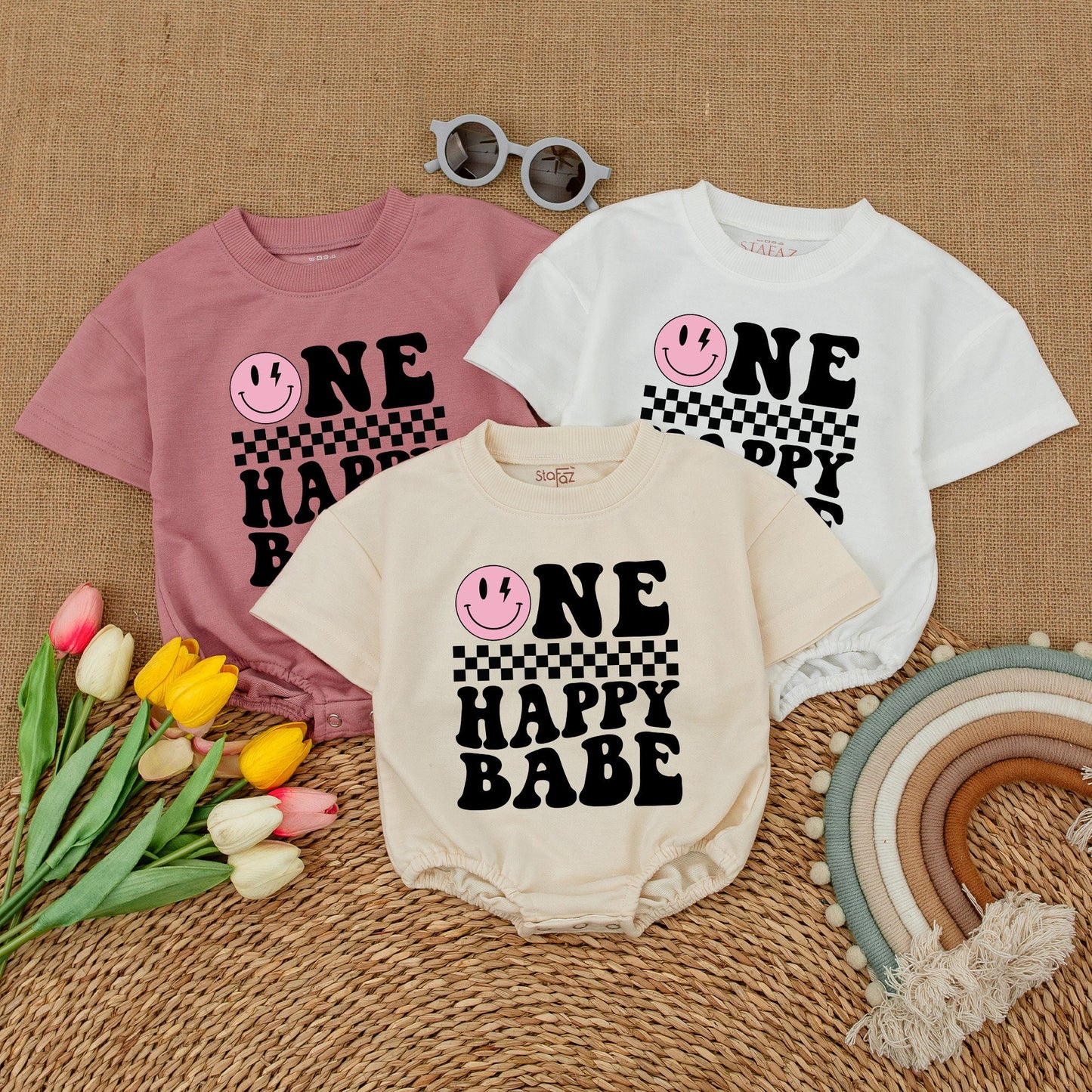 Personalized One Happy Babe Romper: Retro Groovy First Birthday Outfit, Checkered Smiley Face, Lightning Bolt Eyes, Custom Name, Matching Family Celebration (139 chars)