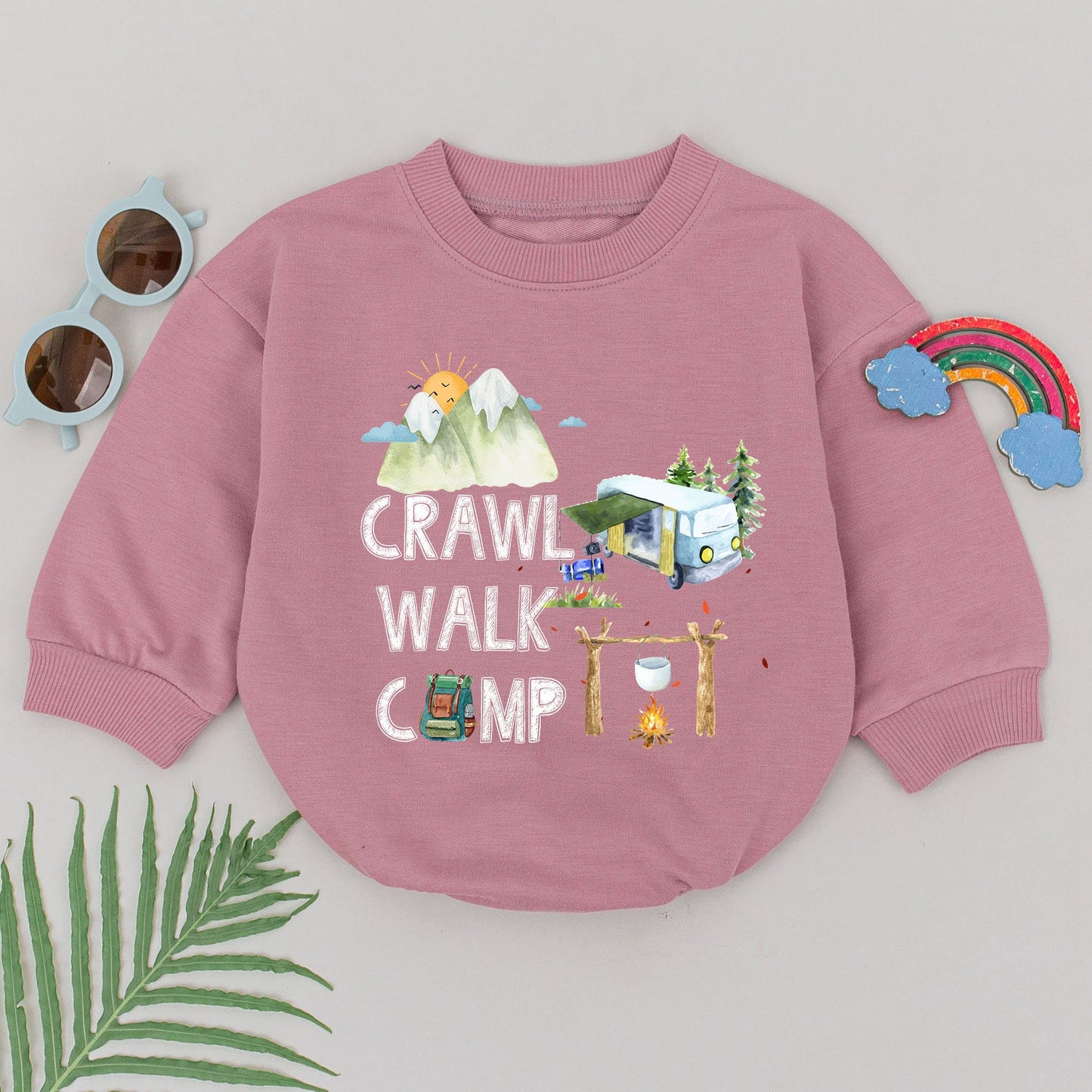 Crawl Walk Camp Romper Baby Bodysuit Watercolor Mountain Adventure Outfit Natural Baby Shower Gift Tiny Adventurer