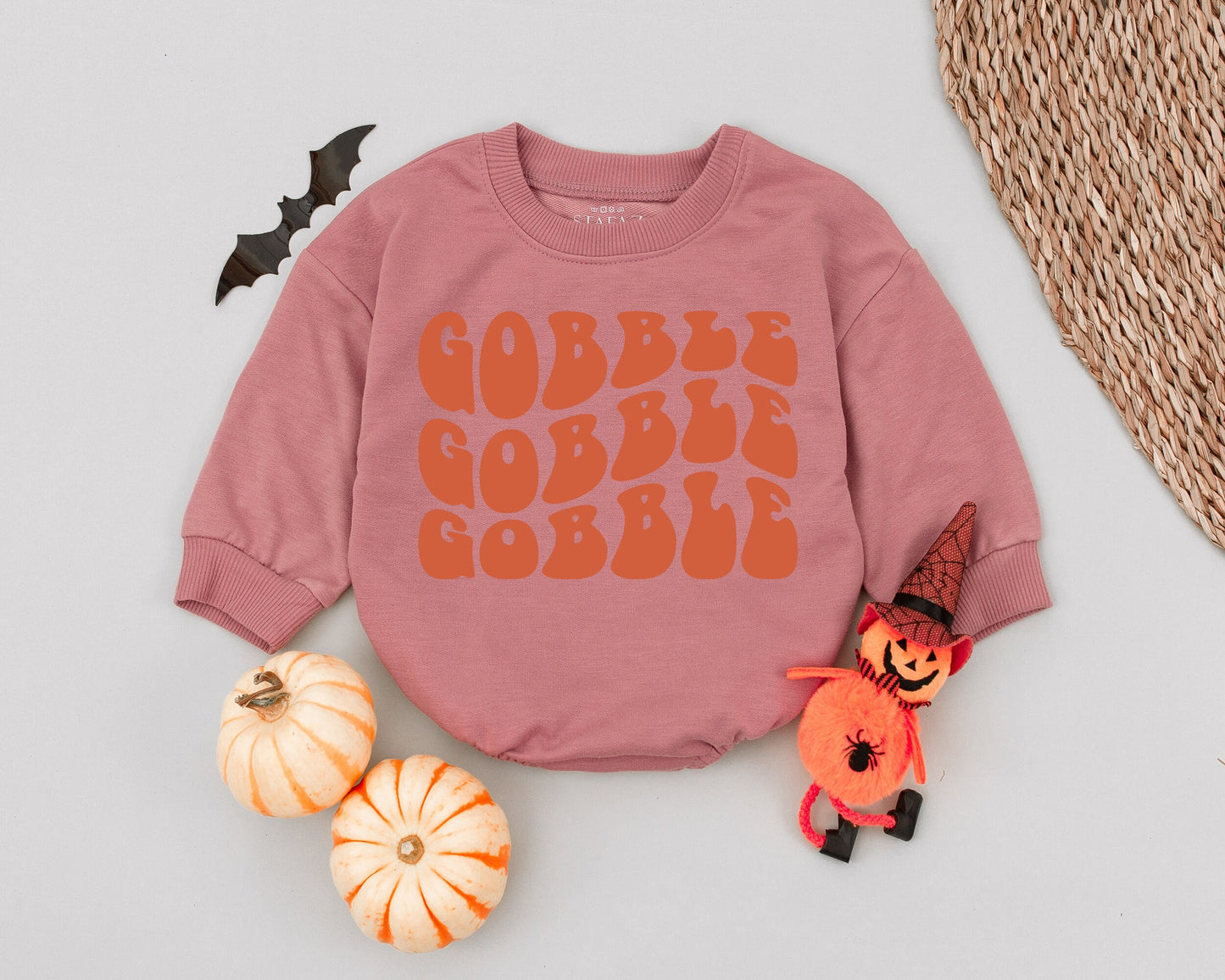 Gobble Thanksgiving Romper: Retro Turkey Day Outfit, Baby's 1st Thanksgiving Clothes, Warm Reddish-Orange Font, Fall Baby Romper, Funny Thanksgiving Gift (139 chars)