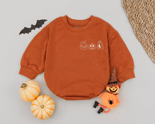 Spooky Pumpkin Baby Romper Retro Halloween Toddler First Halloween Outfit Cute Pumpkin Print Natural Vintage Baby Clothes