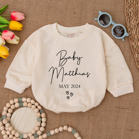 Personalized Baby Matthias Bodysuit May 2024 Announcement Outfit, Cursive Name Romper, Cute Baby Shower Gift, Newborn Coming Home Outfit with Hearts (139 chars)