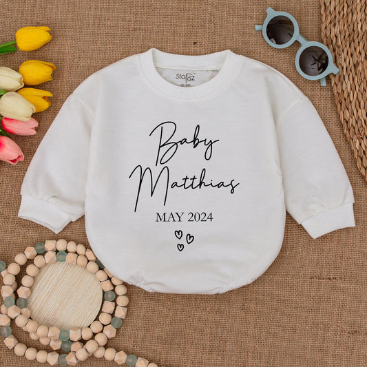 Personalized Baby Matthias Bodysuit May 2024 Announcement Outfit, Cursive Name Romper, Cute Baby Shower Gift, Newborn Coming Home Outfit with Hearts (139 chars)
