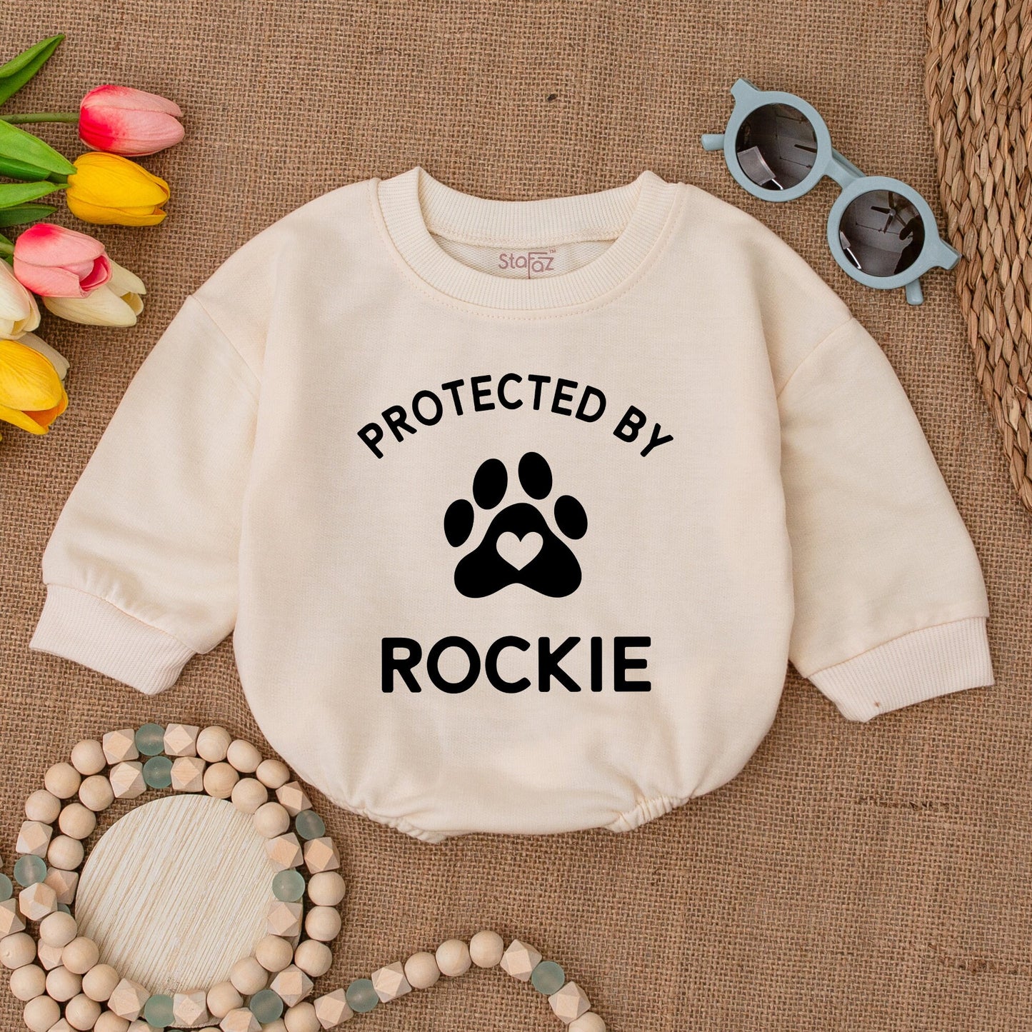 Custom Protected By Rockie Baby Bodysuit, Paw Print Heart Design, Personalized Dog Name Romper, New Baby Gift, Baby Shower