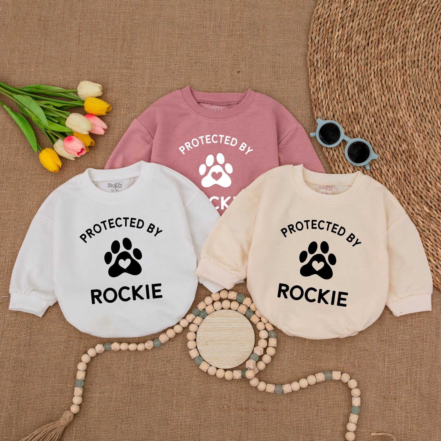 Custom Protected By Rockie Baby Bodysuit, Paw Print Heart Design, Personalized Dog Name Romper, New Baby Gift, Baby Shower