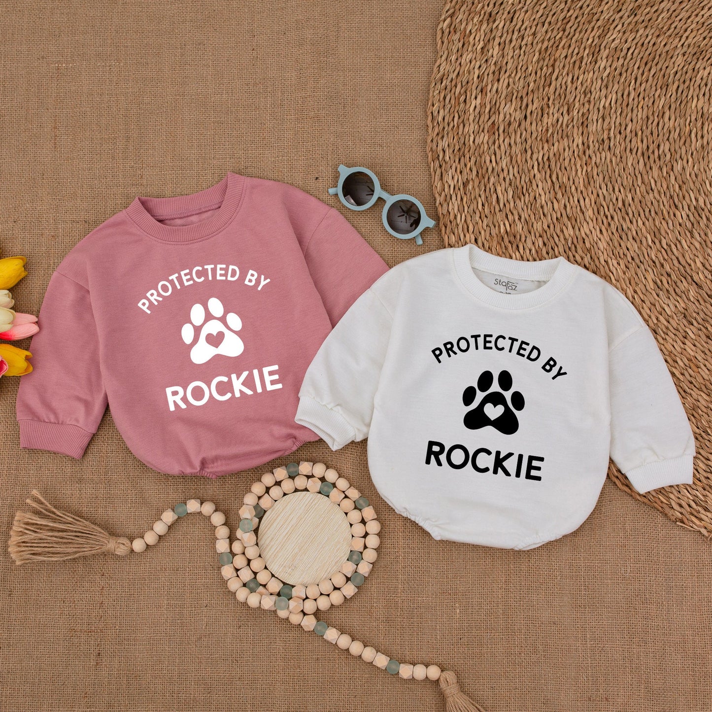 Custom Protected By Rockie Baby Bodysuit, Paw Print Heart Design, Personalized Dog Name Romper, New Baby Gift, Baby Shower