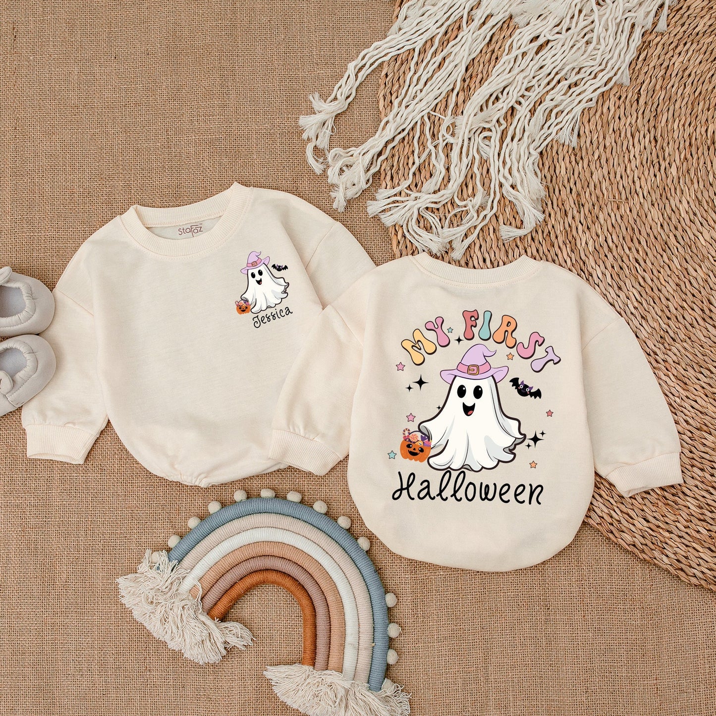 Custom My First Halloween Ghost Baby Girl Bubble Romper Bodysuit