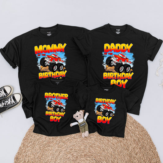 Monster Truck Birthday Boy Shirt, Family Matching Outfit Red White Flames, First Birthday Party Monster Jam Car Dirt Offroad Theme Baby Bodysuit 135 chars