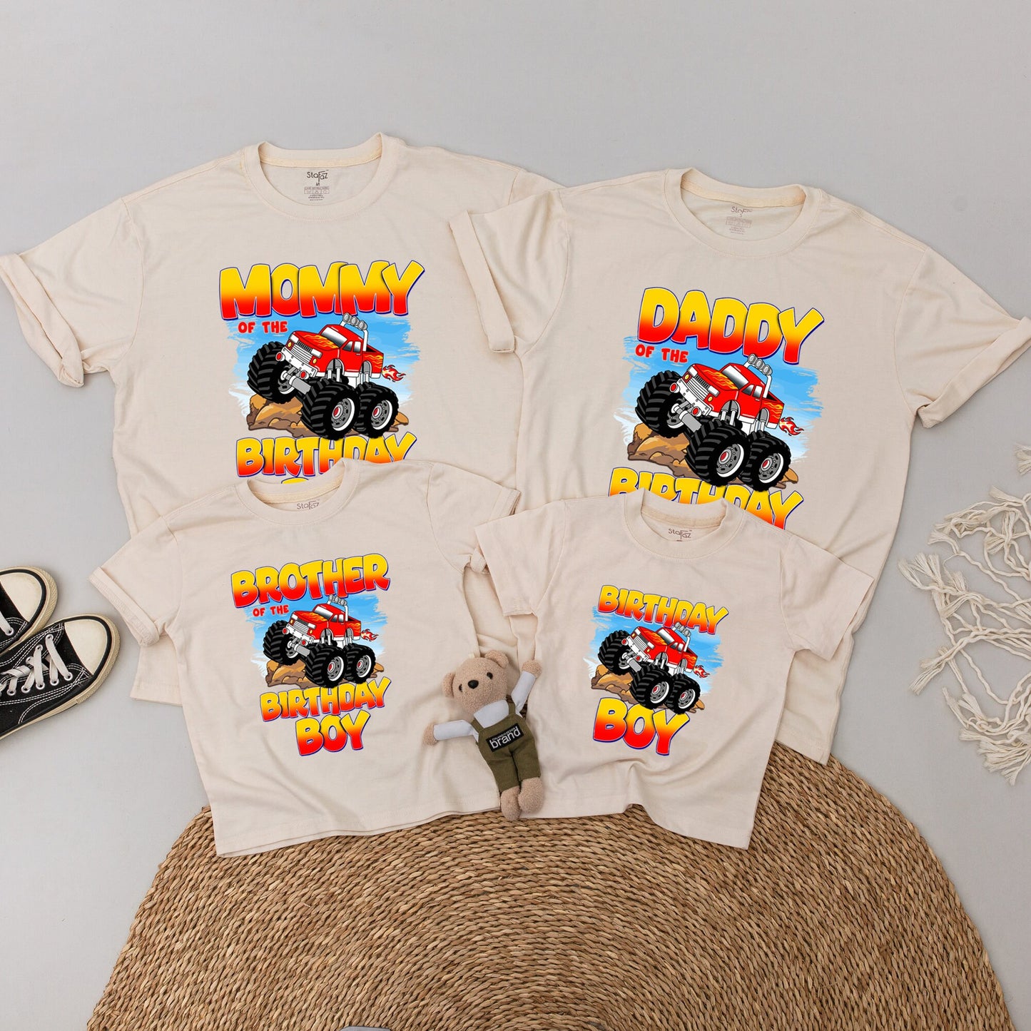Monster Truck Birthday Boy Shirt, Family Matching Outfit Red White Flames, First Birthday Party Monster Jam Car Dirt Offroad Theme Baby Bodysuit 135 chars