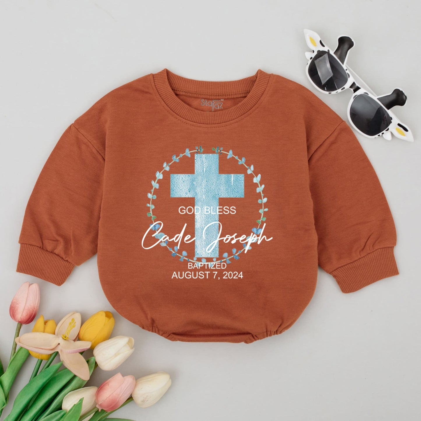Personalized Baby Baptism Outfit God Bless Cade Joseph August 7 2024 Light Blue Watercolor Cross Floral Christening Baby Romper Faith Keepsake