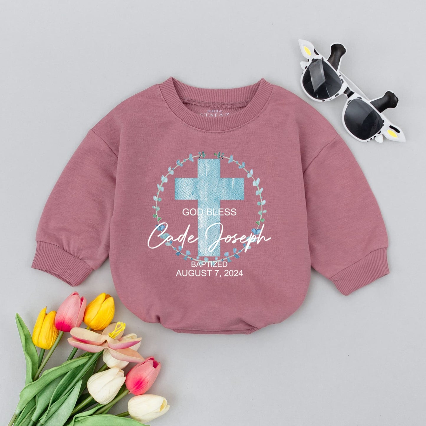 Personalized Baby Baptism Outfit God Bless Cade Joseph August 7 2024 Light Blue Watercolor Cross Floral Christening Baby Romper Faith Keepsake
