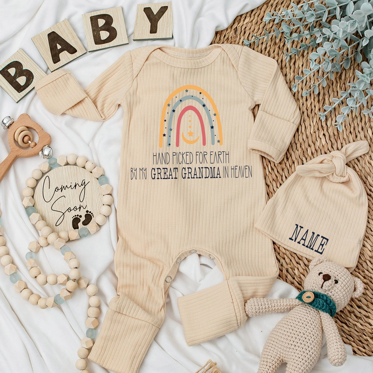 Great Grandma in Heaven Baby Bodysuit Rainbow Star Design Hand Picked for Earth Announcement Outfit Cute Infant Clothes Shower Gift Romper 130-140