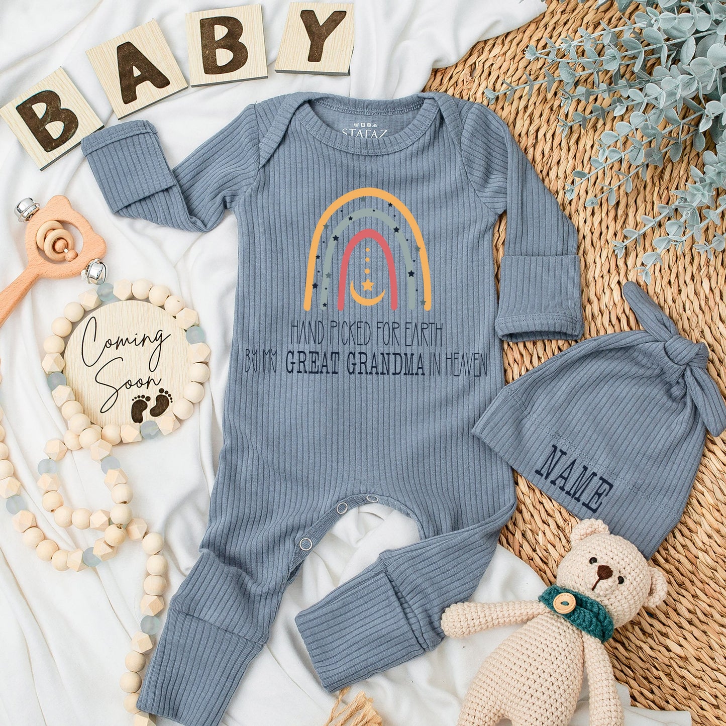 Great Grandma in Heaven Baby Bodysuit Rainbow Star Design Hand Picked for Earth Announcement Outfit Cute Infant Clothes Shower Gift Romper 130-140