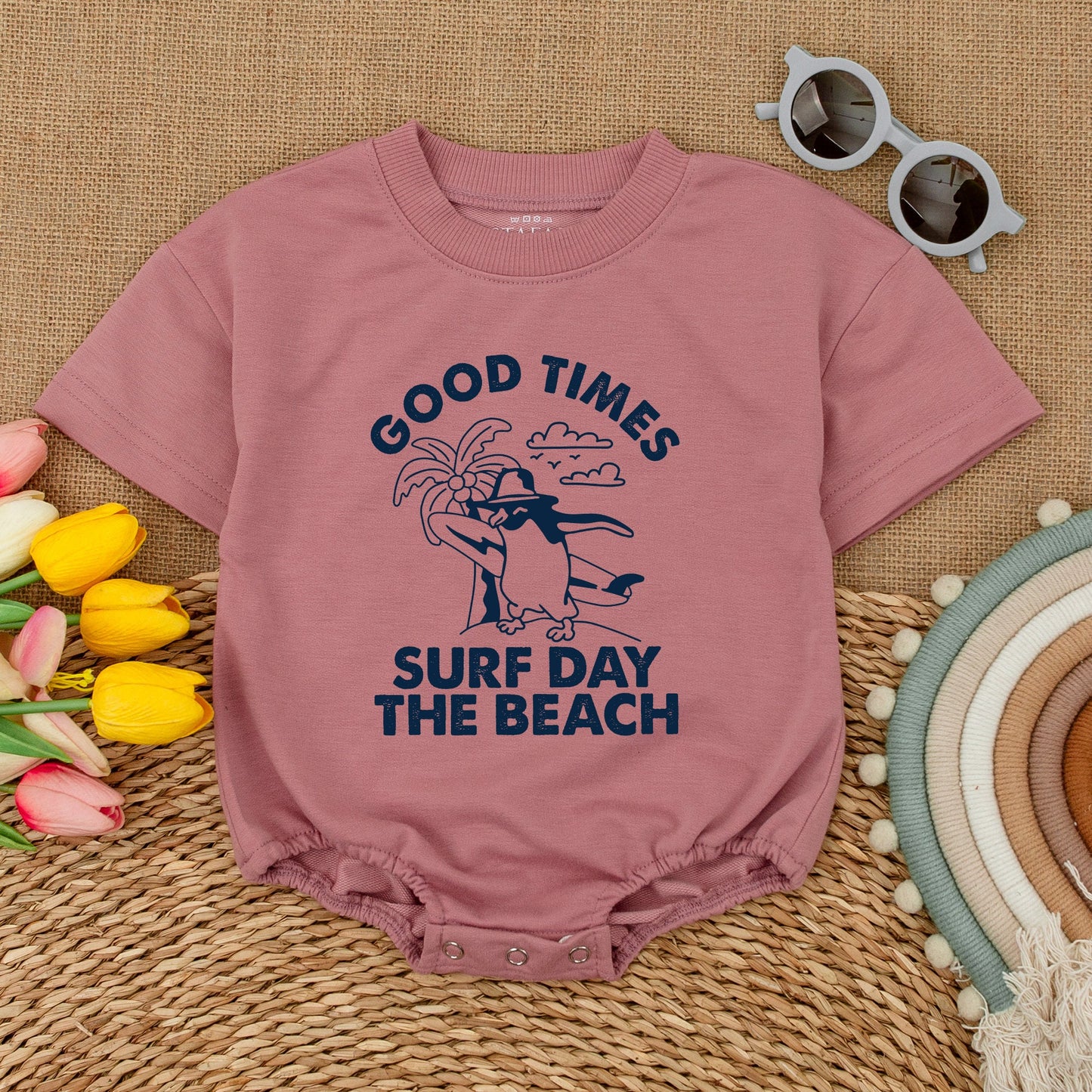 Good Times Surf Day Beach Baby Bodysuit Cute Penguin Graphic Summer Romper Hipster Beach Trip Newborn Outfit