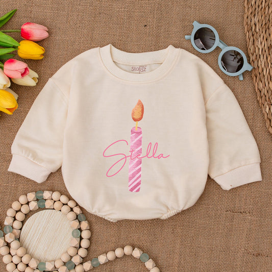 First Birthday Candle Bubble Romper - Personalized Baby Girl Outfit, One Year Old Bodysuit, Cake Shirt, Birthday Gift