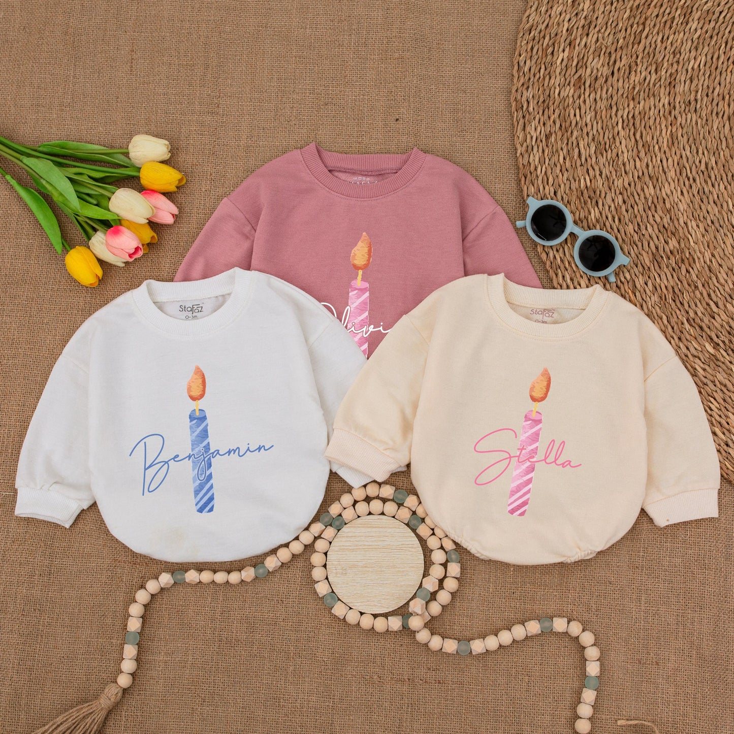 First Birthday Candle Bubble Romper - Personalized Baby Girl Outfit, One Year Old Bodysuit, Cake Shirt, Birthday Gift