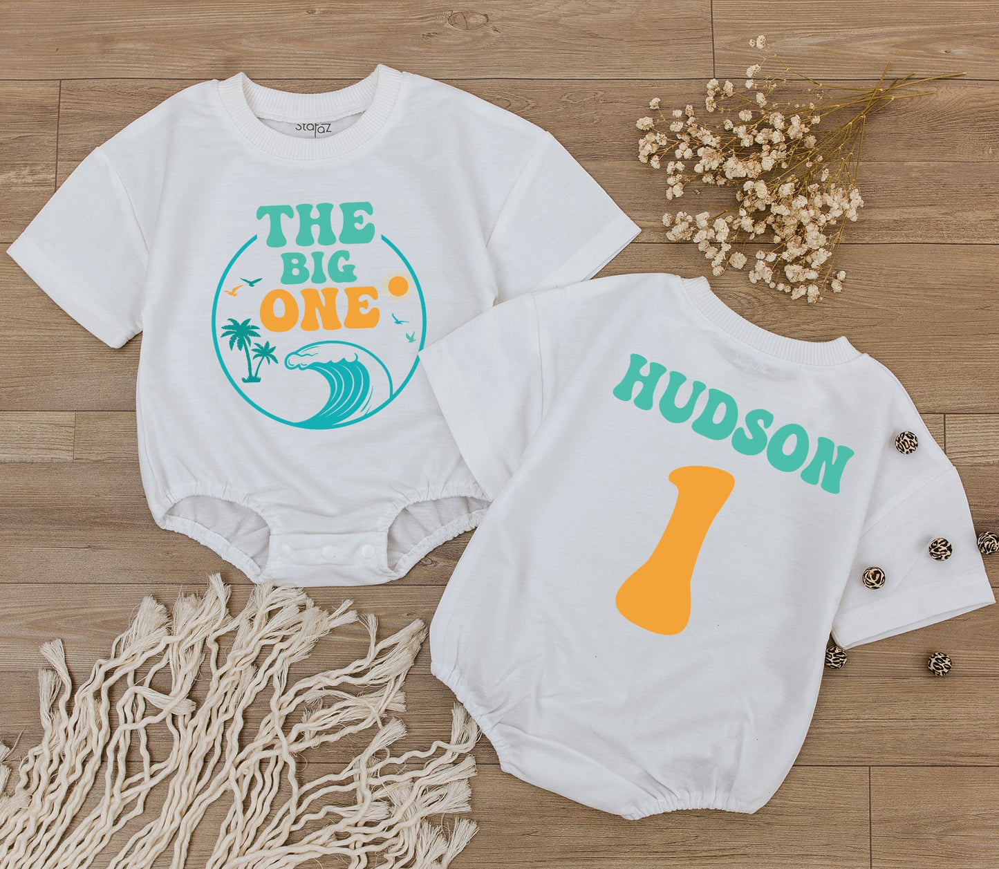 Waves 1st Birthday Shirt & Newborn Romper Set: Beach Van Baby Outfit for Boy or Girl First Summer Clothes