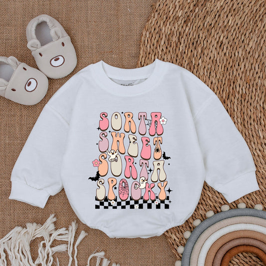Sorta Sweet Spooky Baby Bubble Romper My First Halloween Retro Pink Beige Ghost Bat Infant Outfit Vintage Checkered Pattern Fall Clothes
