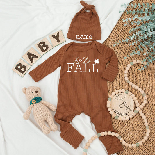 Hello Fall Baby Bodysuit & Hat Set, Personalized Newborn Outfit, Custom Name, White Leaf Design, Soft Cotton Coming Home Outfit, Pumpkin Spice Season (138)