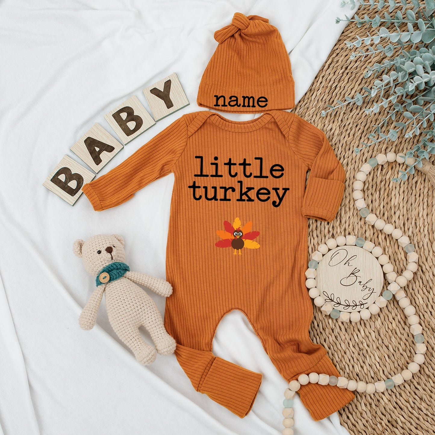 Thanksgiving Infant Outfit Set: Personalized Bodysuit & Hat for Babies