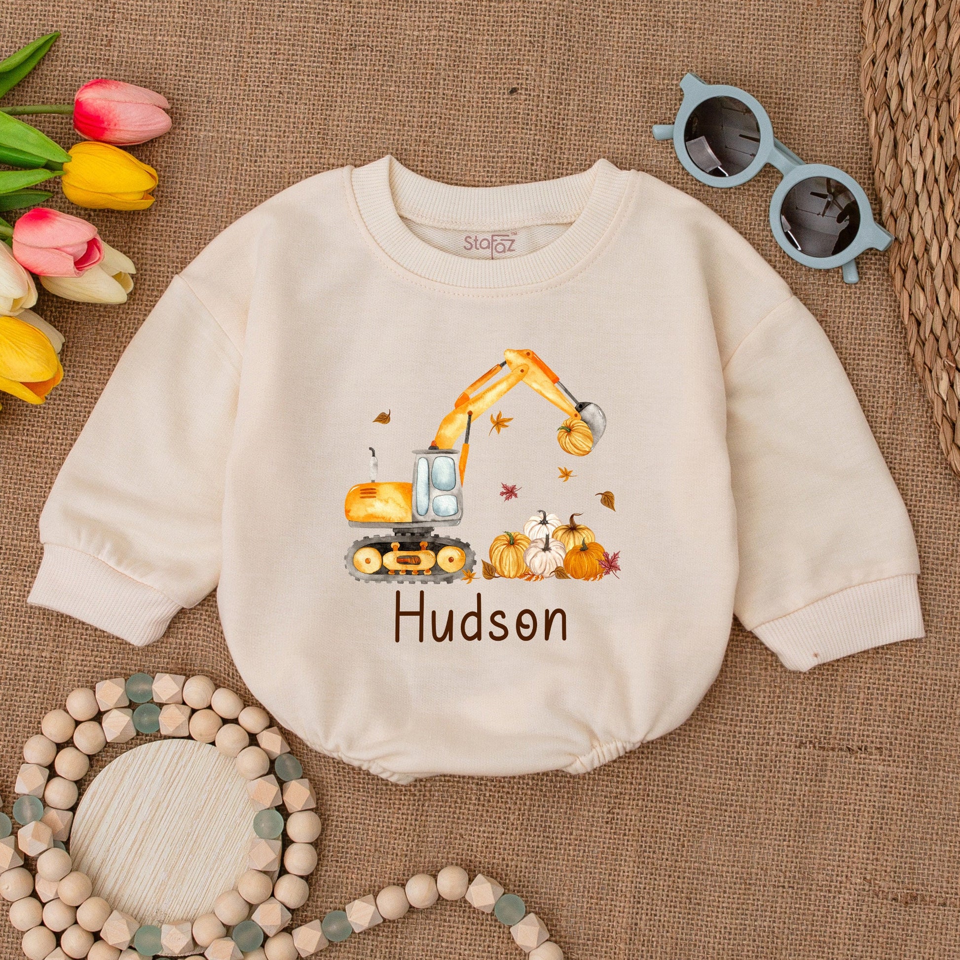 Excavator Pumpkin Bubble Romper: Thanksgiving & Fall Baby Outfit
