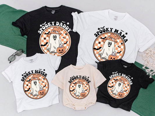 Spooky Dude 1st Birthday Halloween Shirt, Checkered Pumpkin Ghost Outfit for Baby Boy, Toddler, or Big Brother, Fall Family Matching Sweatshirt (138 chars)