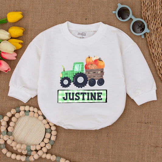 Personalized Pumpkin Tractor Romper - Fall Baby Outfit for Thanksgiving