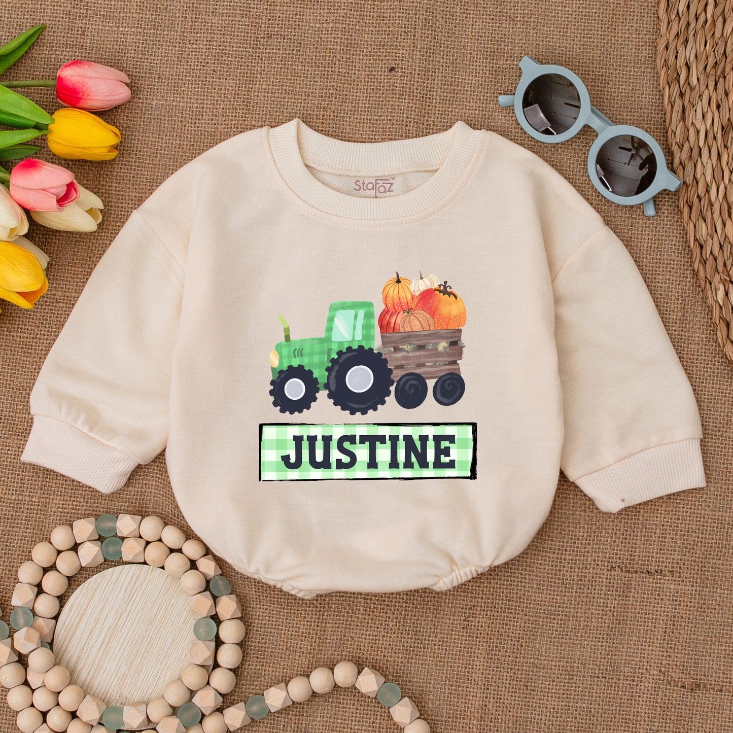 Personalized Pumpkin Tractor Romper - Fall Baby Outfit for Thanksgiving