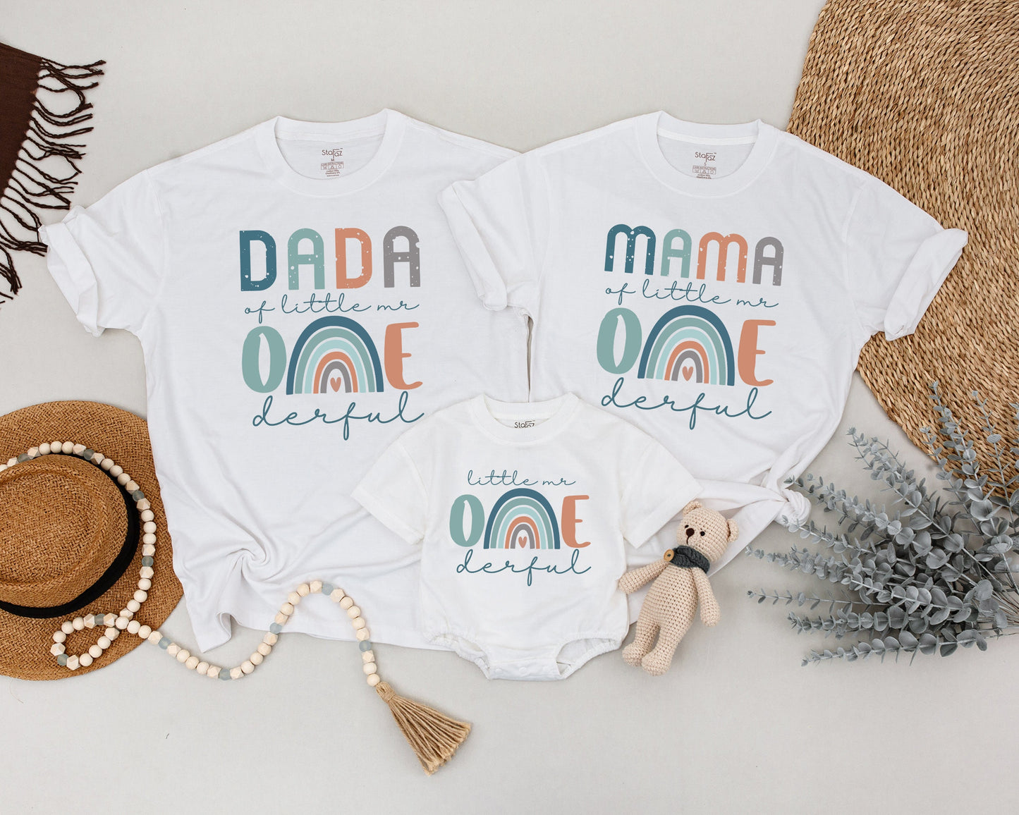 Mr. ONEderful Birthday Matching Family Shirts, Little Mr. Outfit Rainbow First Birthday, Cute Boy Party Clothes, Dada/Mama Style, Soft Cotton 139 chars