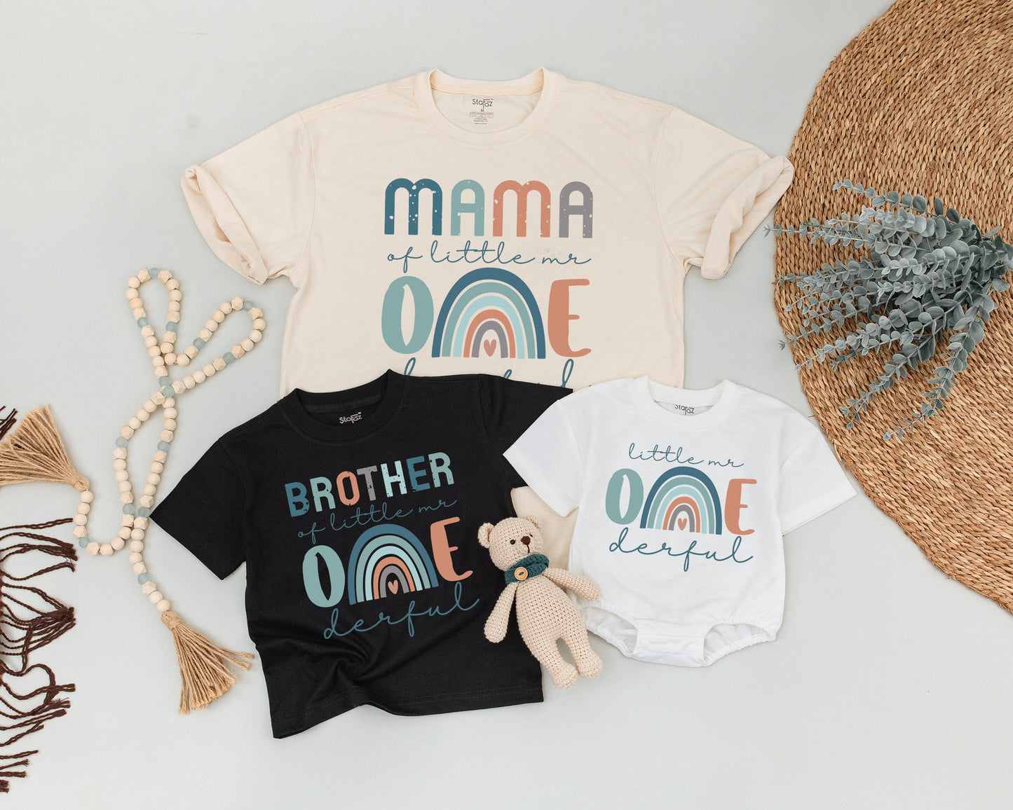 Mr. ONEderful Birthday Matching Family Shirts, Little Mr. Outfit Rainbow First Birthday, Cute Boy Party Clothes, Dada/Mama Style, Soft Cotton 139 chars