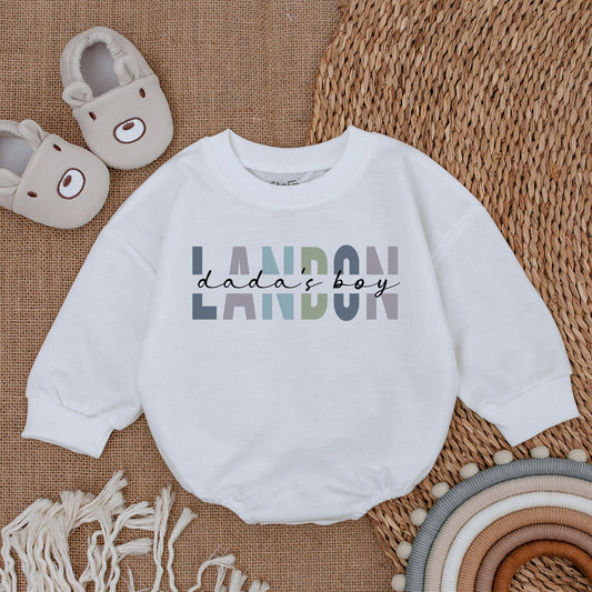 Custom Landon Dada's Boy Romper Baby Boy Outfit in Blue, Green, Purple Block Letters Infant Gift for Dad Baby Clothes