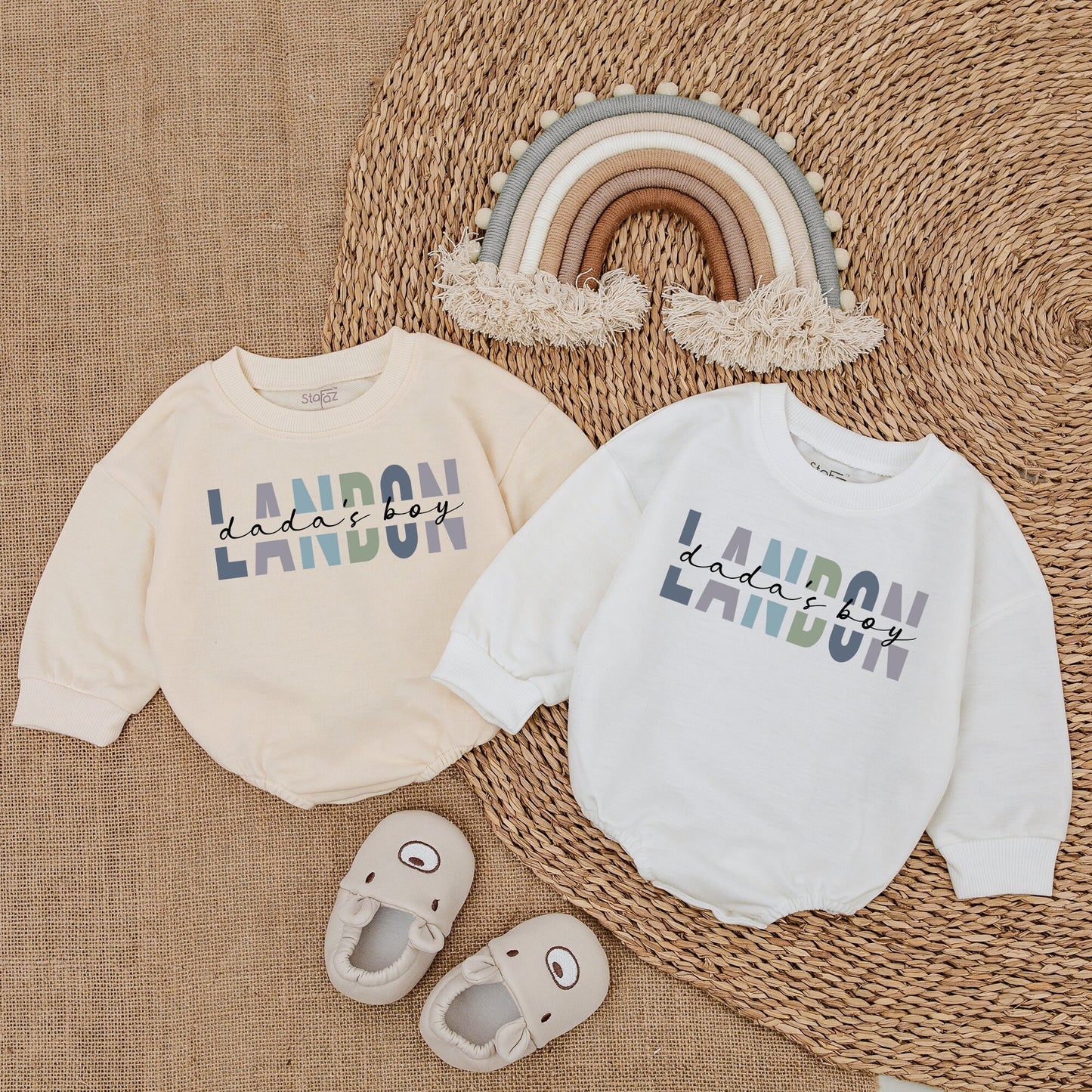 Custom Landon Dada's Boy Romper Baby Boy Outfit in Blue, Green, Purple Block Letters Infant Gift for Dad Baby Clothes