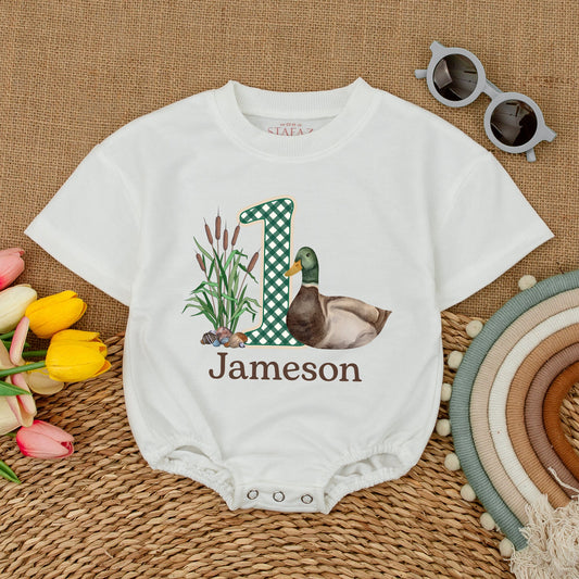 Mallard Duck Birthday Romper Baby Boy First Birthday Outfit Duckling Short Sleeve Bubble Romper Animal Lover Gift Hunting Theme Comfortable Cotton Shirt 135 Chars